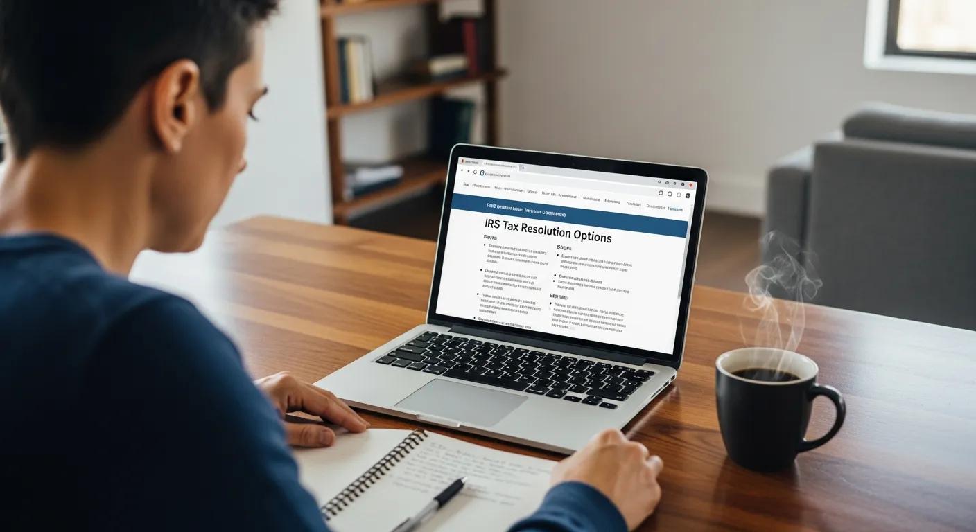 Individual reviewing IRS tax resolution steps at a desk with a laptop and coffee