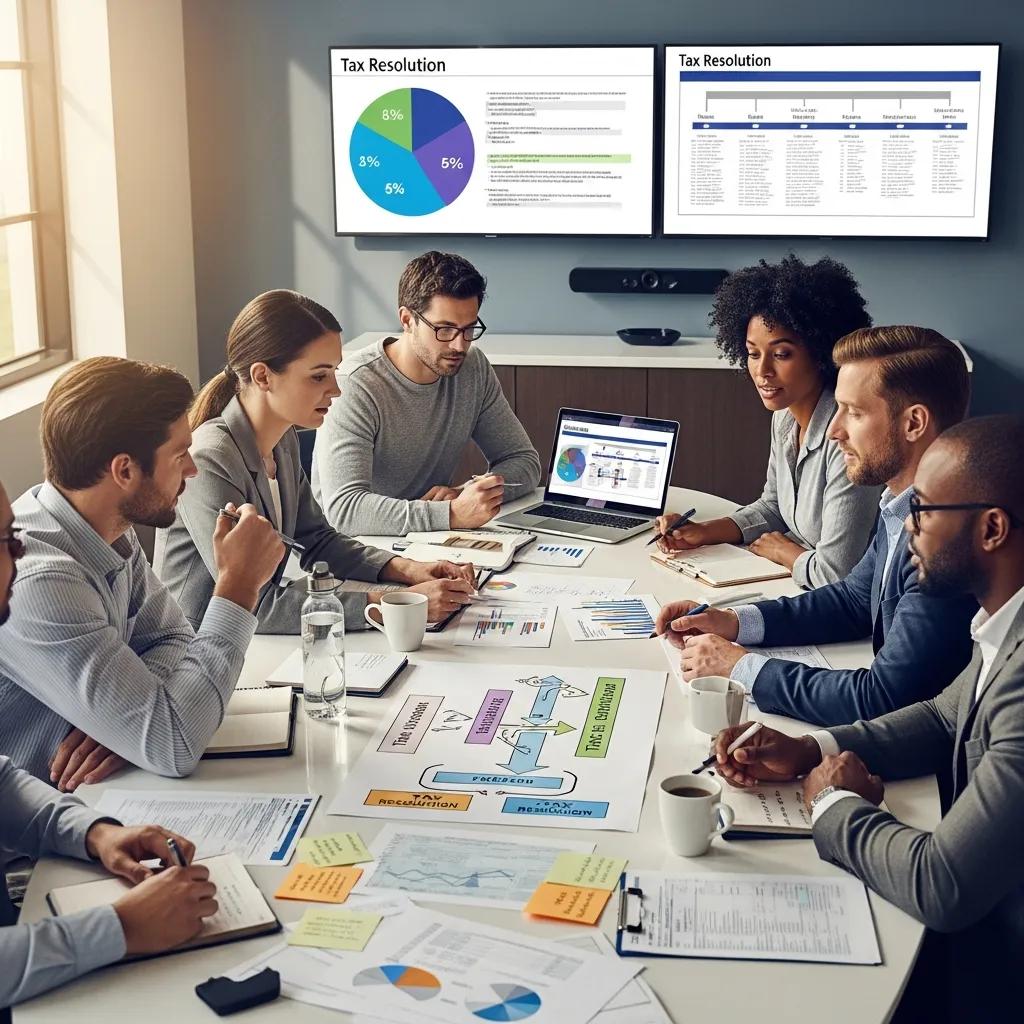 Team of professionals discussing tax resolution strategies around a table
