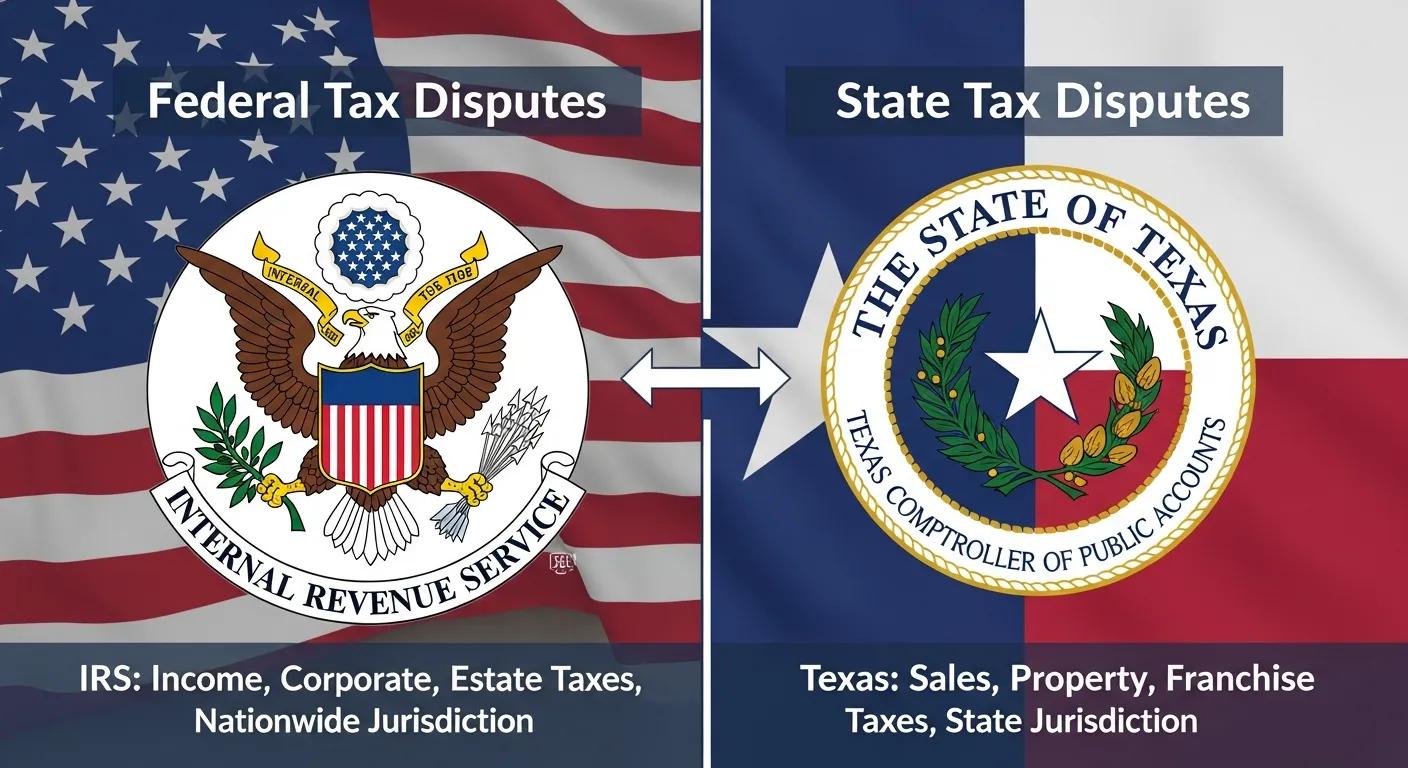 Comparison of IRS and Texas state tax symbols illustrating differences in tax dispute jurisdictions
