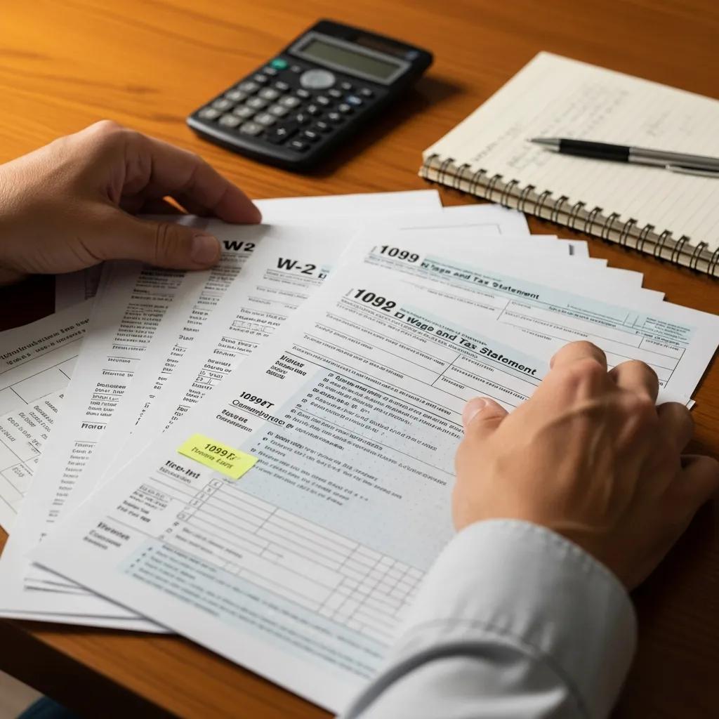 Hands organizing tax documents on a table — preparing to file back taxes