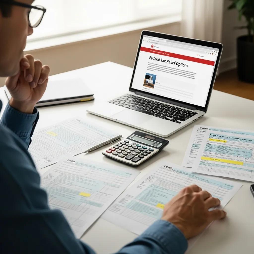 Person reviewing tax paperwork and calculator while exploring federal tax relief options