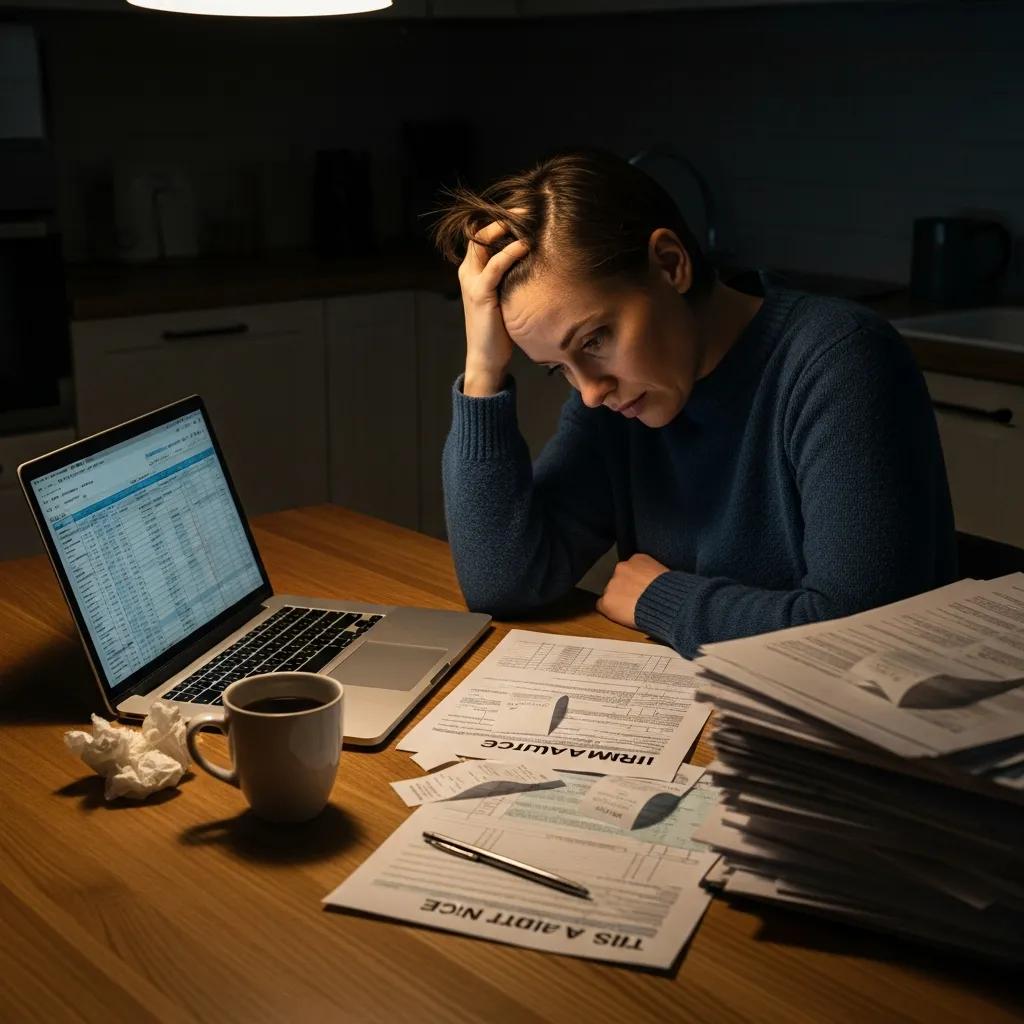 Person reviewing tax documents and receipts, worried about an audit